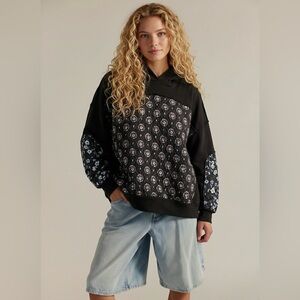 Black Quilted Hoodie with Floral Patchwork